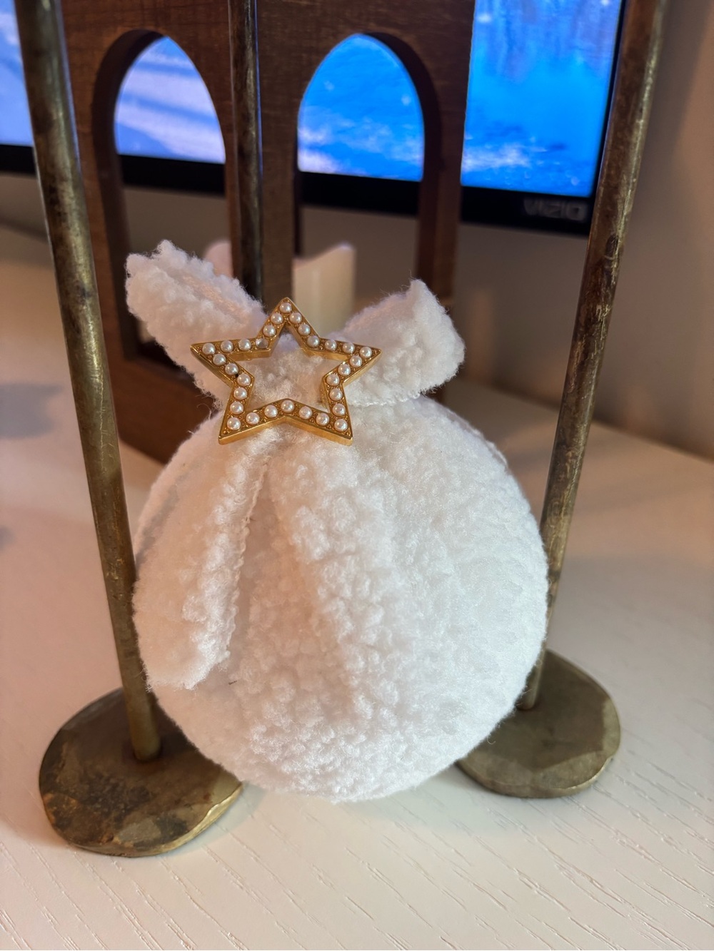 White Sherpa Pom Pom Ornament with Gold Pearl Star
